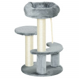 Copac pentru Pisici cu 3 Niveluri, 2 platforme si fr&acirc;nghie, din Plus, Sisal, Natural Gri Ф40x65cm PawHut | Aosom Romania