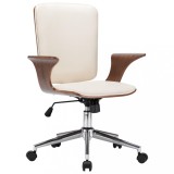 vidaXL Scaun de birou rotativ, crem, piele ecologică și lemn curbat