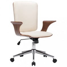 vidaXL Scaun de birou rotativ, crem, piele ecologică și lemn curbat