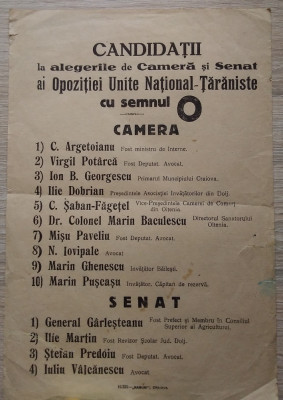 Afiș electoral OPOZIȚIA UNITĂ NAȚIONAL - ȚĂRĂNISTA, anii 1920 foto