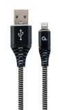 CABLU alimentare si date GEMBIRD, pt. smartphone, USB 2.0 (T) la Lightning (T), 1m, premium, cablu cu impletire din bumbac, negru cu insertii albe, &amp;q
