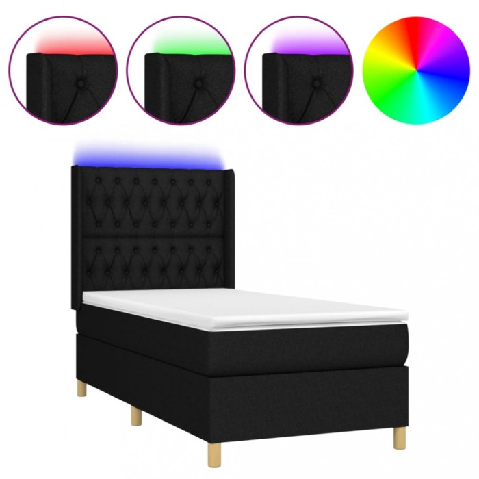 Pat cu arcuri, saltea si LED, negru, 100x200 cm, textil