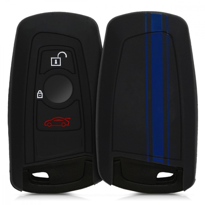 Husa Cheie Auto pentru BMW - 3 Butoane - Keyless Go, kwmobile, Silicon, Negru / Albastru, 41730.29