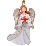 Ornament Brad Crăciun, Inger Ceramic, Alb, 8 cm, Stea Roșie, Oem