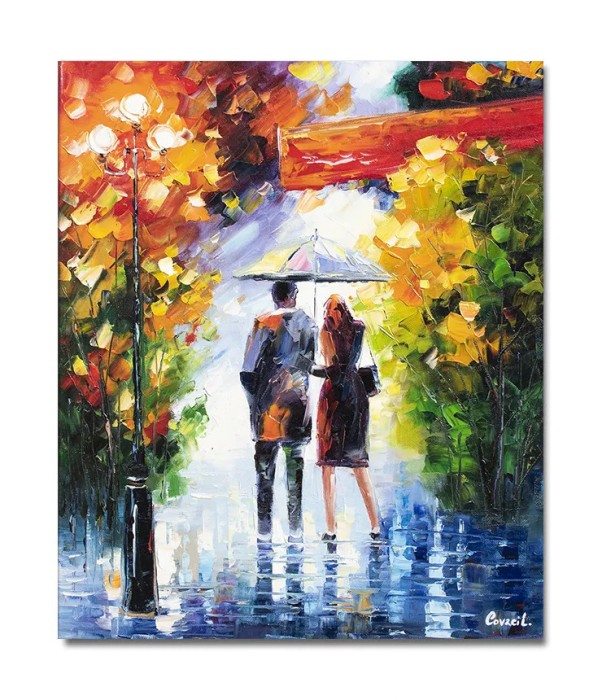 Tablou indragostiti pictat manual, Noi doi sub umbrela mea, 60x50cm ulei pe panza in cutit, superb