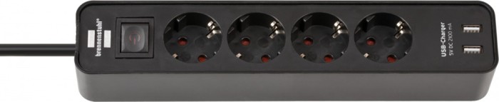 Prelungitor Brennenstuhl Ecolor 4 prize, 2xUSB, 1.5m Negru