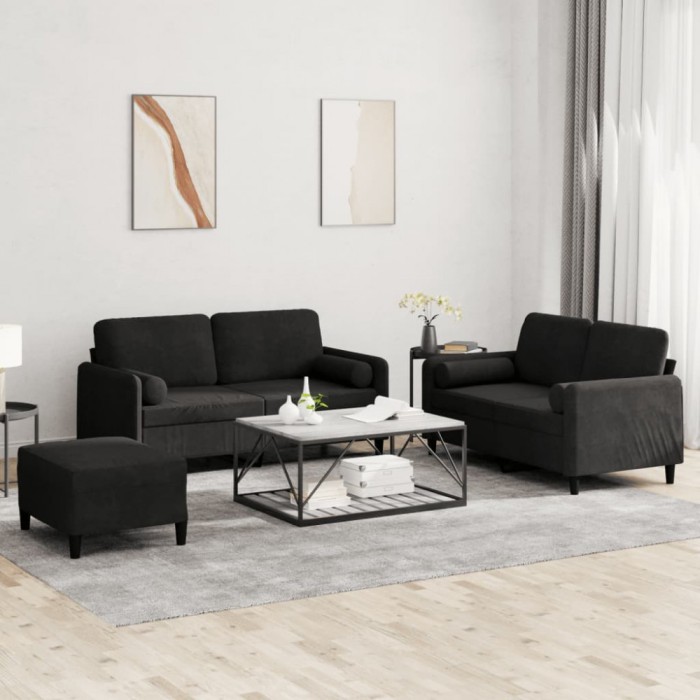 vidaXL Set de canapele cu perne, 3 piese, negru, catifea 3202009