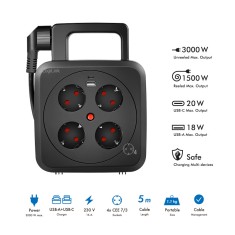 PRELUNGITOR LOGILINK, Schuko x 4, conectare prin Schuko (T), 16 A, 1xUSB-A, 1xUSB-C, comutator oprire termica, cablu 5m tip bobina, protectie IP20, ne