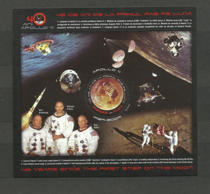 Romania MNH 2009 - Apollo 40 de ani primul pas pe luna - LP 1837 - colita X5