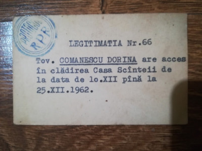 1962 Legitimatie intrare Casa Scanteii Bucuresti Dorina Comanescu RPR comunism foto