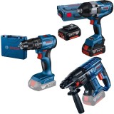 Bosch GBH 180-LI + GDS 18V-1000 + GSB 185-LI - Rotopercutor SDS-Plus 2 J + Masina de insurubat cu impact patrat 1/2 inch 1000 Nm M14-M24 valiza specia