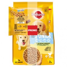 Pachet Pedigree Junior, hrana uscata pentru caini, Pui &amp; Orez, 3 kg + Pedigree Junior, hrana umeda pentru caini, Pui &amp; Porc