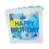Cutie pentru baloane, flippy, tematica aniversare, model scris happy birthday, baloane albastre, albe, galbene si panglica incluse, contur alb, transp