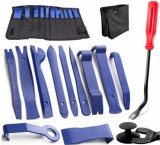 Cumpara ieftin Set 12 unelte pentru demontare tapiterie auto, extractoare clipsuri si ornamente, plastic si metal, albastru, cu husa pentru organizare