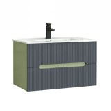 Dulap Baie Leziter Trent 80 cm Verde Fistic - Gri Antracit, MDF, Cu Chiuveta Ceramica, 2 Sertare Soft-Close, Suspendat