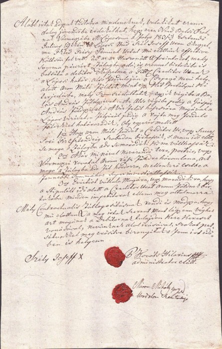 A3066N Contract de &icirc;mprumut bani, 1831, Maramureș, cu sigilii &icirc;n ceară roșie, act &icirc;n limba maghiară