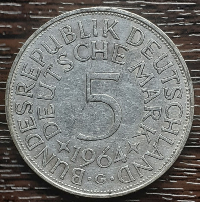 (A852) MONEDA DIN ARGINT GERMANIA - 5 MARK 1964, LIT G, 11,2 GRAME. PURITATE 625 foto