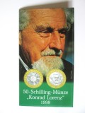 Austria 50 Schilling 1998 UNC,moneda comemorativa Konrad Lorenz in folderul de prezentare