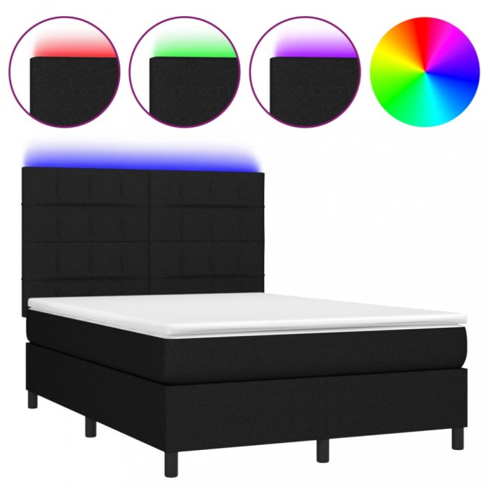 Pat cu arcuri, saltea si LED, negru, 140x190 cm, textil