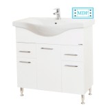 Baza si lavoar ceramic GN1531, mobilier baie stativ 80 cm, front MDF, 3 usi, 2 sertare, balamale soft close, picioare cromate reglabile, alb