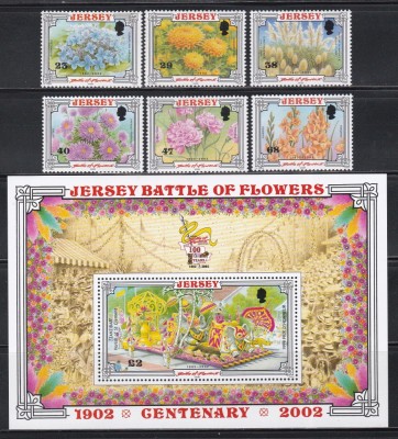 Jersey 2002 - Centenarul Festivalului Bătăliei Florilor, Serie + Colita, MNH foto