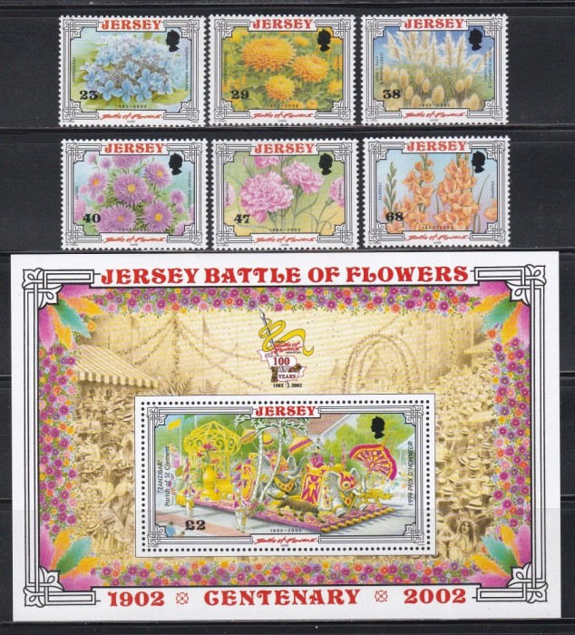 Jersey 2002 - Centenarul Festivalului Bătăliei Florilor, Serie + Colita, MNH