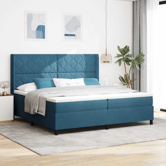 Pat cu boxă spring LED și saltea albastru 200 x 200 cm Catifea