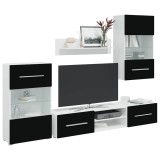 Set mobilier comodă TV de perete, 5 piese, iluminare LED, negru