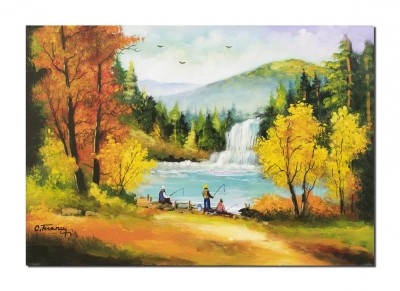 Tablou cu pescari pictat manual, Fir intins, 70x50cm ulei pe panza, Constatin Feraru foto