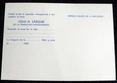 1966 Invitație Expozitia retrospectiva a sculptorului Ioan H. S&amp;acirc;rghie, Campulung foto