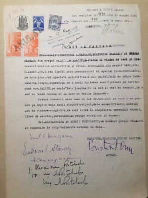 Act v&amp;acirc;nzare, moșia Peiu, Fălciu, 1939, către Postolachi, Iași, str Asachi nr. 9 foto