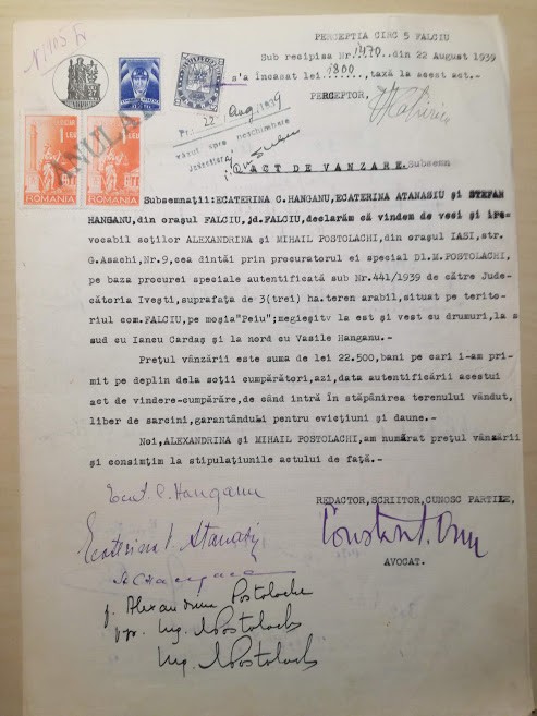 Act v&acirc;nzare, moșia Peiu, Fălciu, 1939, către Postolachi, Iași, str Asachi nr. 9