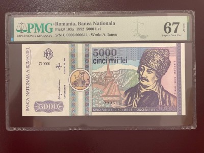 Romania 5000 lei 1992 pick 103a grad 67 pmg foto