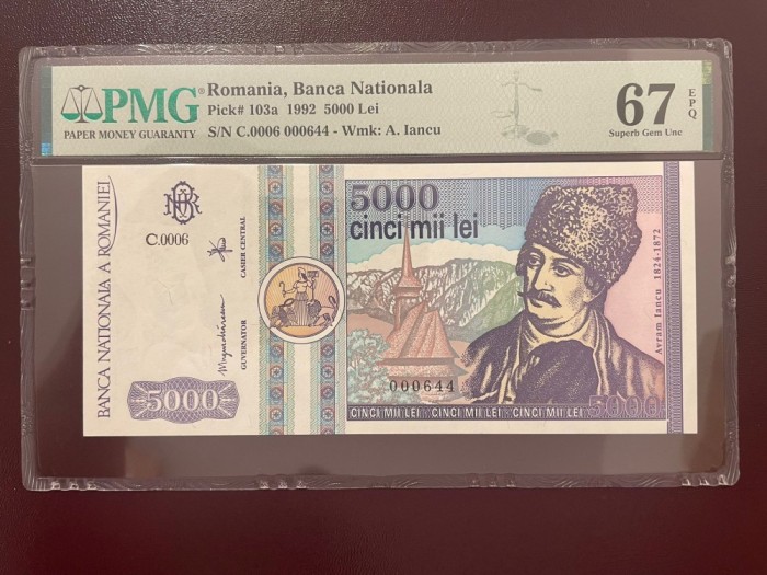 Romania 5000 lei 1992 pick 103a grad 67 pmg