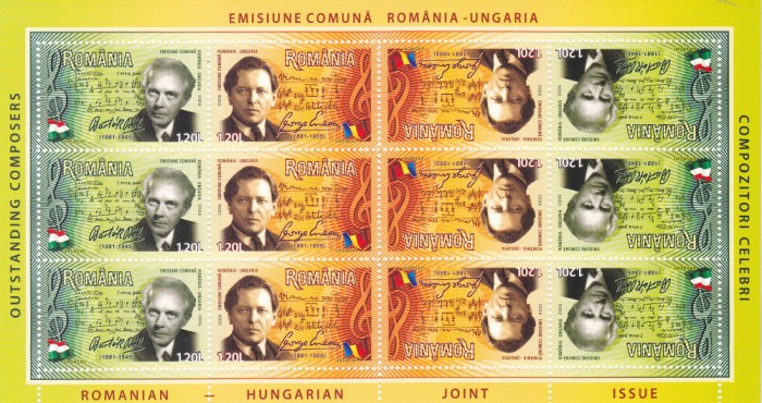 RO 2006 LP 1726a m.coala de 12+TB,MNH,Em. comuna Romania Ungaria-Compozitori