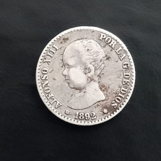 monedă din argint : Spania _ 50 centimos 1892 , PG - M , tiraj mic