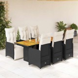 Set bistro de grădină, 7 piese, cu perne, negru, poliratan
