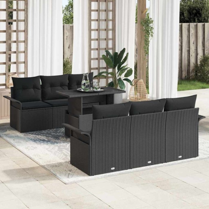 vidaXL Set de canapele pentru grădină cu pernă 7 pcs Negru Rattan poli 3348209