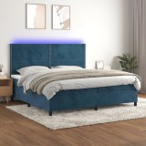 Cumpara ieftin Pat cu arcuri, saltea și LED, bleumarin, 200x200 cm, catifea