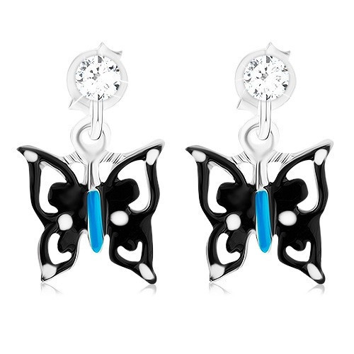 Cercei cu fluture &icirc;n culori negru-albastru-alb, argint 925, cristal