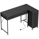 HOMCOM Birou de Colț Reversibil cu Prize și Porturi USB, 126x48 cm Birou &icirc;n Formă de L cu 6 Sertare din Material Textil, C&acirc;rlig Lateral, pentru Comput