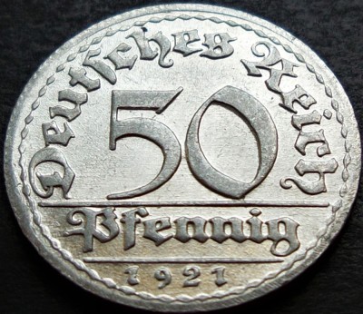 Moneda istorica 50 PFENNIG - IMPERIUL GERMAN, anul 1921 *cod 1224 A - litera D foto