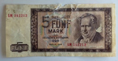 Bancnota RDG - 5 Mark 1964 foto