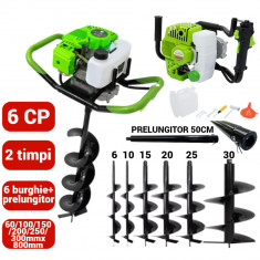 Motoburghiu foreza pamant gheata 6CP + 6 burghie + prelungitor 50cm (CMP0590+60 100 150 200 250 300+)