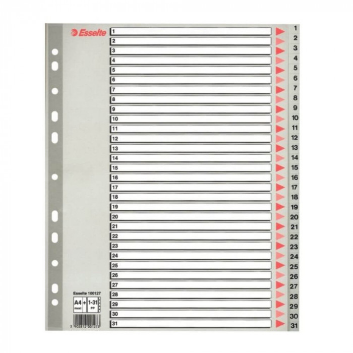 Index A4 Maxi Esselte, cu 31 Separatoare, Plastic, Gri, Index de Plastic cu Separatoare 1-31, Index de Plastic cu Separatoare Numerotate, Index de la