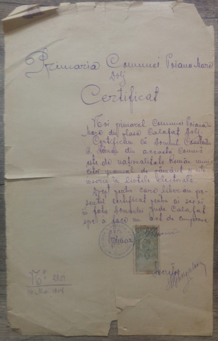 Certificat Poiana Mare, Calafat// 1927