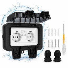 Priza Dubla Exterior IP66, 250V/16A, Capac cu Blocare, Indicator Luminos, pentru Gradina, Garaj, Piscina, Negru/Alb