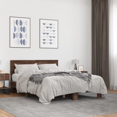 vidaXL Cadru de pat, stejar maro, 135x190 cm, lemn prelucrat și metal 3280211 foto