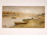 Tablou ulei pe panza peisaj margine de rau cu barci, 37x62cm, semnat, 1986(?)