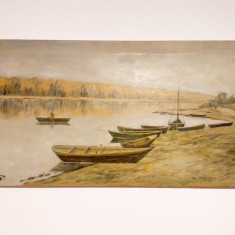 Tablou ulei pe panza peisaj margine de rau cu barci, 37x62cm, semnat, 1986(?)